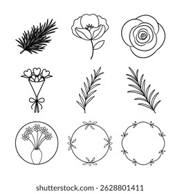 Field Flowers and Leaves Set vector line art 