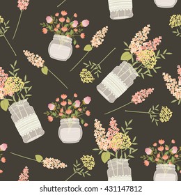 Field flowers in mason jars. Seamless vector pattern. Vintage style template for fabric printing, wrapping paper, wallpaper, background, scrapbook sheets. Eps 10