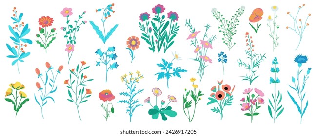 Field flowers mega set in cartoon graphic design. Bundle elements of chamomile, cornflower, poppy, bluebell, daisy and other wildflowers and flowering herbs. Vector illustration isolated objects