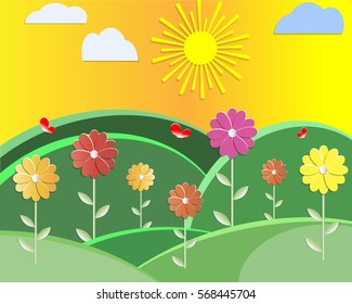 field with flowers, mountains, sun, paper style vector illustration