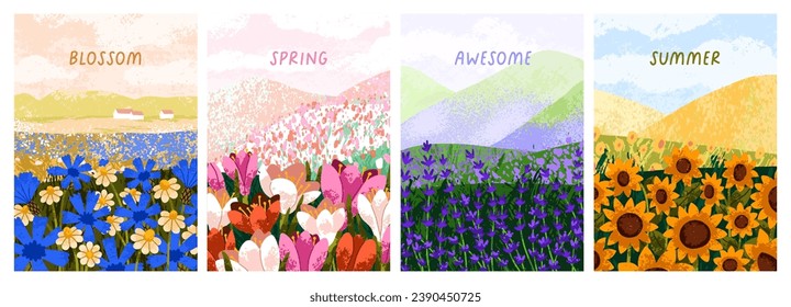 Field flowers, nature card backgrounds set. Floral plant posters, spring and summer nature landscapes. Blossomed blooms, meadow hills, vertical countryside banners. Colored flat vector illustrations