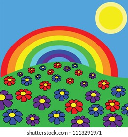 Field of flowers with a rainbow