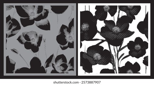 Field Flowers with Retro Photocopy Halftone Effect. Vintage Dotted Grunge Texture Ideal for Posters, Cards, T-Shirts, and Sweatshirts. Y2K Aesthetic flower Design in Trendy Vintage Colors.