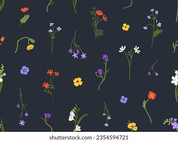 Field flowers, seamless pattern. Floral repeating print. Endless botanical background. Spring and summer blooms, delicate plants, wildflowers. Colored flat vector illustration for fabric, textile