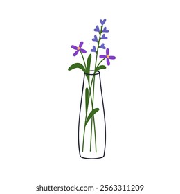 Field flowers in vase. Floral blossoms, meadow blooms. Simple wildflowers, gentle delicate wild plant sprigs. Natural summer decoration. Flat vector illustration isolated on white background