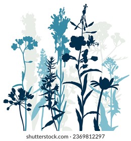 field flowers, vector drawing wild plants at white background, color silhouette floral composition, hand drawn botanical illustration