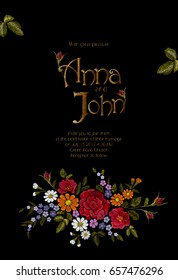 Field flowers wedding invitation. Save the date greeting card floral design. Wild dog rose rustic traditional vintage embroidery vector template art