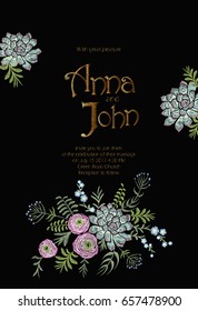 Field flowers wedding invitation. Save the date greeting card floral design. Succulents ranunculus vintage embroidery vector template art