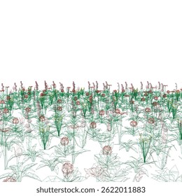 Um campo de flores com um fundo branco. As flores são verdes e vermelhas. A imagem tem um clima tranquilo e sereno
