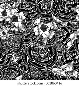 Field of flowers.Seamless pattern background.Black flovers.