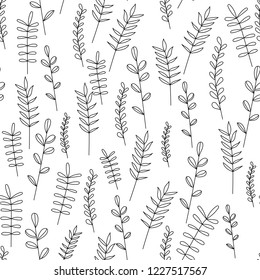 Field Foliage Seamless Pattern. Vector Outline Leave Background