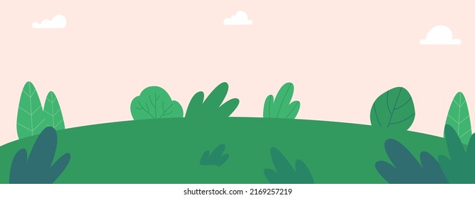 Field in Forest or Park with Green Grass, Bushes and Lawn. Garden Place for Games, Meditation and Outdoor Relax. Summer Landscape Background, Nature, Area for Recreation. Cartoon Vector Illustration