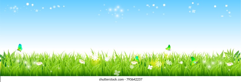 Field Of Fresh Green Grass Palm, Flower, And Blue Sky With Stars. Vector Illustration.