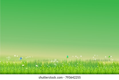 Field of fresh green grass palm, flower, and green sky background vector illustration.