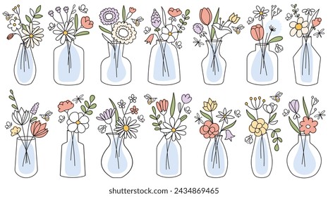 Field and garden blooming flowers in glass jar, vase or bottles hand drawn line design elements vector illustration. Floral home decor for cozy apartment interior isolated on white background