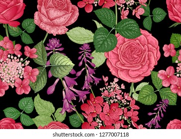 Field and garden flowers. Floral seamless pattern. Roses and hydrangeas. Vector illustration. Template for fashion industry, interior decoration, wrapping paper, wallpaper. Vintage. Victorian style.