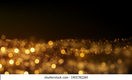 Field of golden particles. Glowing glitter dust on black. Defocused glittering lights background.