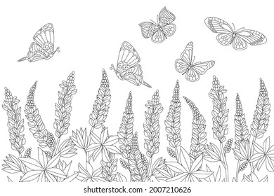 field of graceful flowers and flying butterflies for your coloring book