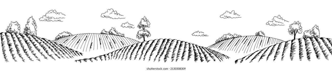 Feldgraphisch-schwarz-weiße, lange Landschaftsskizze, Vektorgrafik 