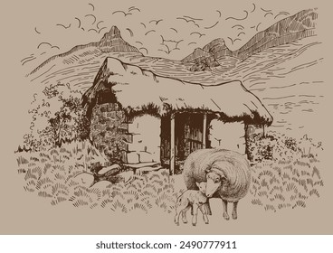 Field of green grass on small hills. Pasture, farm and sheep with lamb. Rural landscape, panorama of rural pastures. Vector hand drawn vintage engraved sketch.