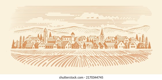 Field with ground. Farming landscape with village