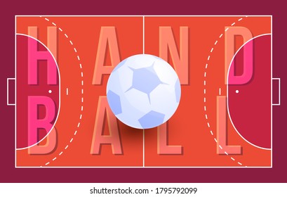 Field for handball with ball and text. Orange Outline of lines handball field Vector illustration.