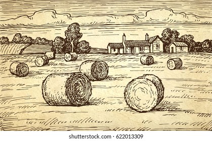 Field with haystacks. Countryside landscape. Rural scenery with village. Old paper background. Retro style.