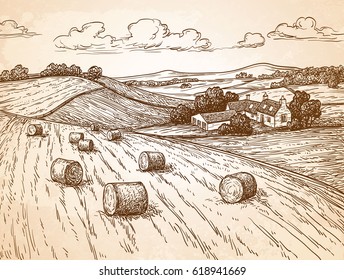 Field with haystacks. Countryside landscape. Rustic scenery with village. Old paper background. Retro style.