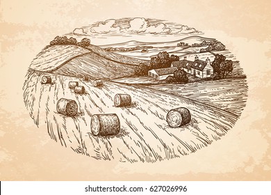 Field with haystacks. Countryside landscape. Rustic scenery with village. Old paper background. Retro style.
