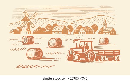 Campo con pilas. Paisaje agrícola con tractor