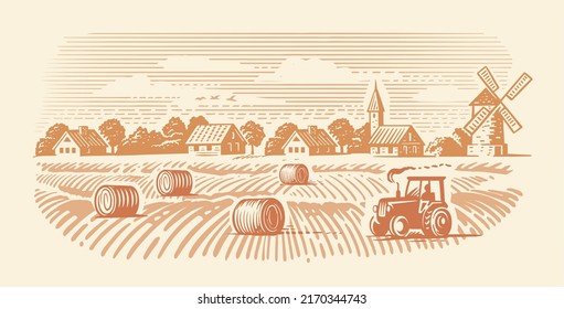 Field with haystacks. Farming landscape with tractor