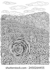 Field with haystacks. Grass. Haymaking. Coloring book page. Black and white vector illustration. Doodle style.