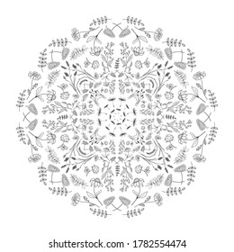 Hierbas de campo en forma de círculo floral. Ilustración en blanco y negro, página para colorear