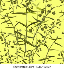 Field herbs seamless pattern.Green colors plants on yellow background.Botanical endless wallpaper. Trendy fabric design,wrapping paper.Vector illustration.