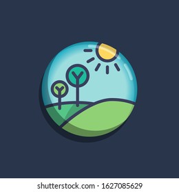 Field Hill with trees and sun flat icon. Round colorful button, Sunny nature landscape circular vector sign. Flat style design
