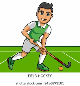 Field hockey athlete isolated on white background in cartoon style. Summer Games 2024. Vector illustration.