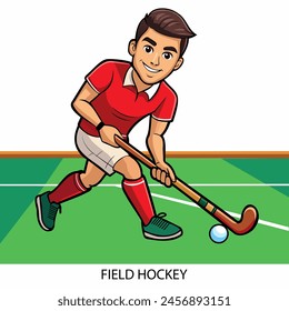 Atleta de hockey de campo aislado sobre fondo blanco en estilo de dibujos animados. Juegos de verano 2024. Ilustración vectorial.