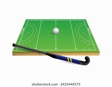 Hockey sobre hierba. Campo con bola y palo sobre fondo blanco. Ilustración del vector 3d