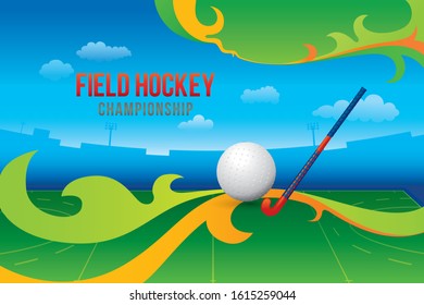 Field Hockey Championship With Green Field Background. Sport Concept