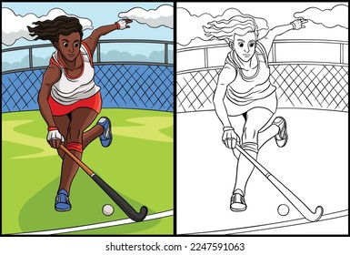 Field Hockey Coloring Page Colored Illustration