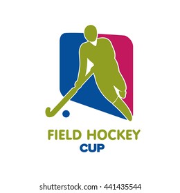 Field Hockey Cup Logo. Vector Sport Badge With Man Silhouette And Stick.