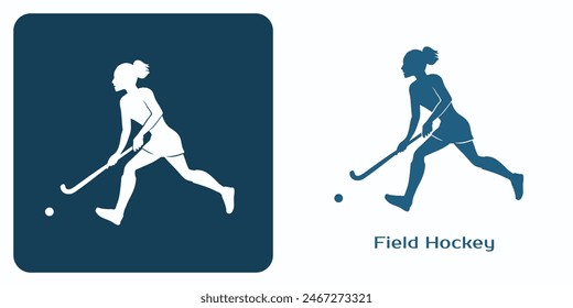 Field Hockey Emblem. Woman Playing Feld Hockey, hit a ball with a field hockey stick. One of the summer sports games logo set. Vector illustration.