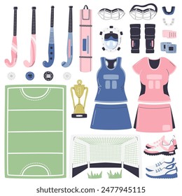 Colección de equipos de hockey sobre césped. Conjunto de inventario de deportes profesionales femeninos. Ropa deportiva y Elementos de regimiento. Varios tamaños de palo de hockey de hierba. Equipo al aire libre juego dibujado a mano Ilustración vectorial plana