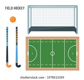 Field hockey equipment set. Sport Ball, Sticks, Gate and green Court. Elements and accessories for sport match. Flat vector icons isolated on white background.