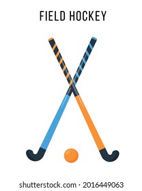 Field hockey equipment. Sport Ball and two Sticks for playing field hockey game. Elements and accessories for sport match. Flat vector icons isolated on white background.