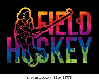 Field Hockey Female Player Action with Text Font Design Cartoon Graphic Vector
