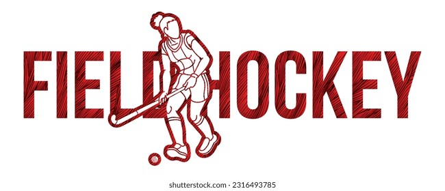 Field Hockey Female Player Action with Text Font Design Cartoon Graphic Vector