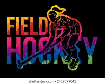 Field Hockey Female Player Action with Font Design Cartoon Sport Graphic Vector