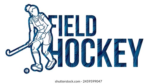 Field Hockey Female Player Action with Font Design Cartoon Sport Graphic Vector