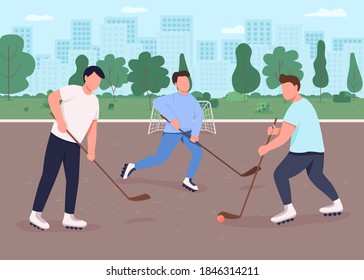 Field hockey flat color vector illustration. People play on public city playground. Competitive sport game outdoors. Team players 2D cartoon characters with urban park on background